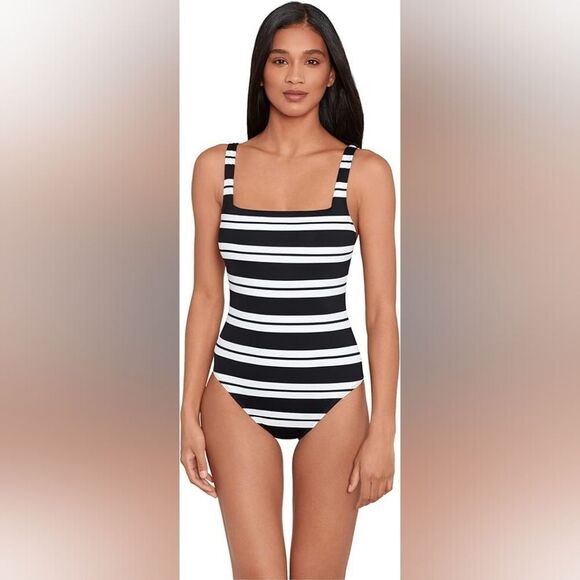 Ralph Lauren Beach Club Solids Halter Swimsuit SBlack and White Striped Swimsuit - Picture 1 of 5